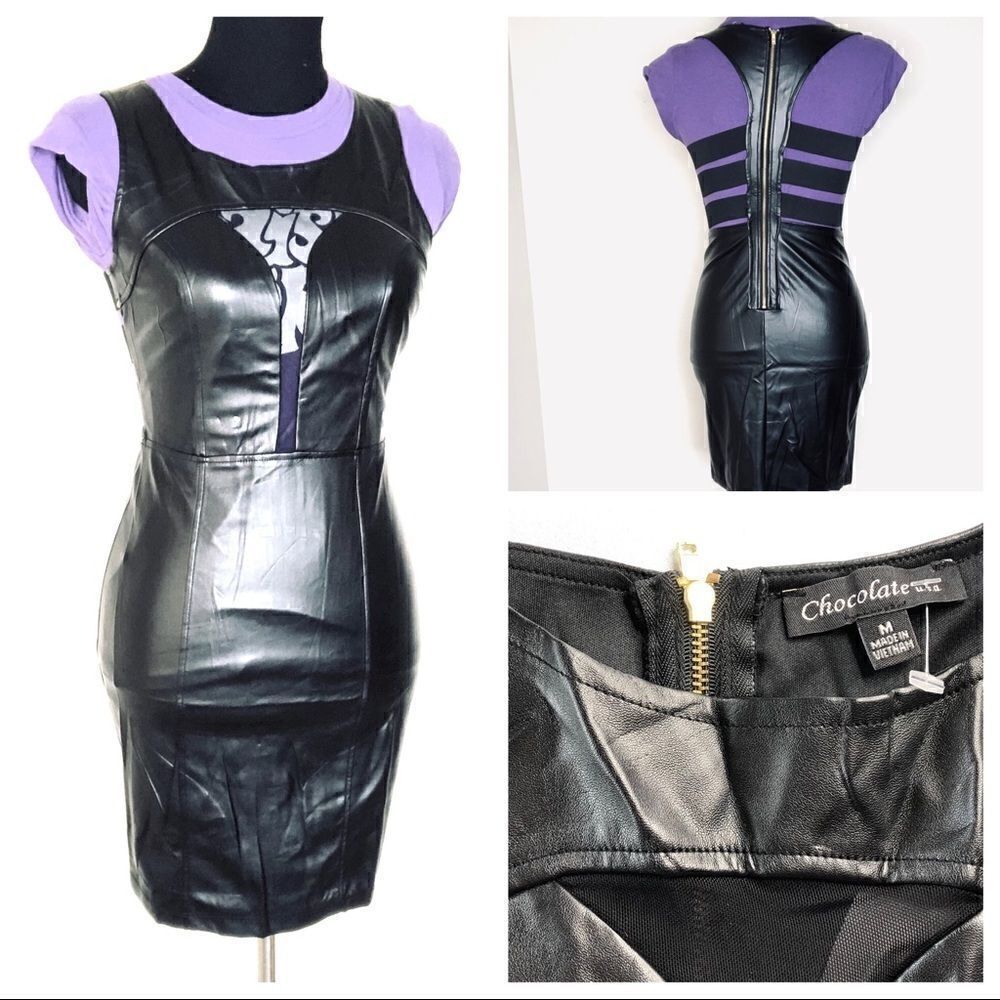 Chocolate Black Faux Leather Strappy Sleeveless Dress L